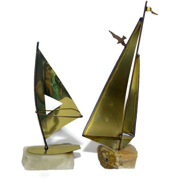 Sailboat Nautical Metal Art Brass Copper & Steel On Stone Onyx Base Set of Two - Picture 5 of 10